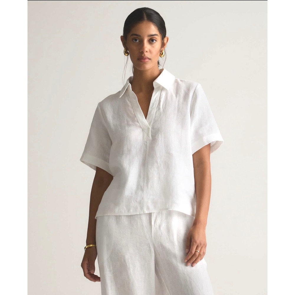 NWT Quince 100% European Linen Short Sleeve Popover Top White S